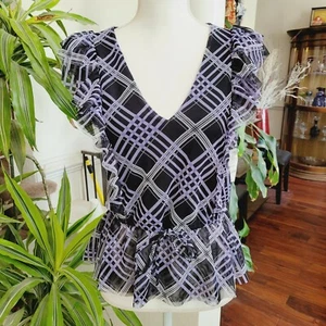 Camicia senza maniche INC International Concepts a quadretti arricciature taglia SM cravatta peplum - Foto 1 di 11
