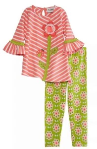 RARE EDITIONS Little Girl 5 Coral Flower Striped Top & Leggings Set NWT - Picture 1 of 3