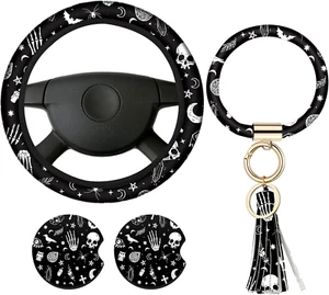 4 Pieces Black Moons White Stars Print Car Accessories Set Black Moons White Sta - Picture 1 of 12