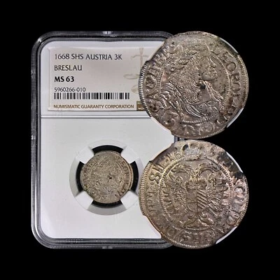 AUSTRIA. 1668, 3 Kreuzer, Silver - NGC MS63 - Leopold, Breslau, 🌈 Toned Wroclaw - Image 1 of 4