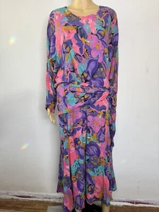 Vtg 80s RABBIT Vivid Spring Floral Gatsby Dress Fairy Tulip Trumpet Skirt 90s 8 - Picture 1 of 10