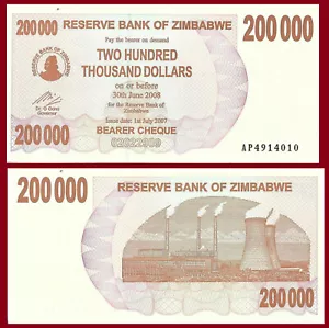 Zimbabwe P49, $200,000 Bearer Cheque, Hwange coal fired power station UNC 2007 - Picture 1 of 1
