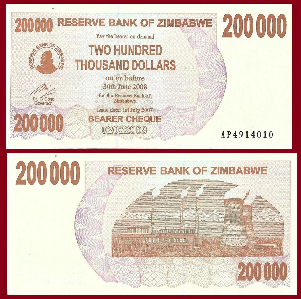 Zimbabwe P49, $200,000 Bearer Cheque, Hwange coal fired power station UNC 2007 - Image 1 of 1