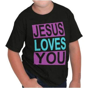 Christian Faith Religious Jesus Loves You Youth Crewneck T Shirts Boy or Girl - Picture 1 of 7