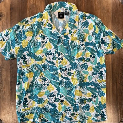 Camisa Aloha Hawaiana Disney XL Mickey Mouse Floral Verde Amarillo 100% Rayón Foto 1 de 3