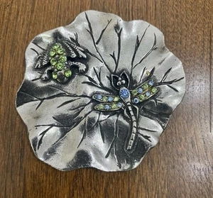 Mary Demarco Signed Rhinestone Lily Pad Frog & Dragonfly Pocket Mirror, Pouch - Picture 1 of 7