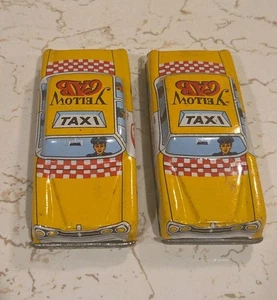 2 Vintage 1950s - 60s Japan Tin Litho Yellow Taxi Cab Toy Car 3.5” - Picture 1 of 5