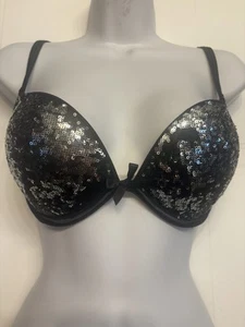 Victoria's Secret Gorgeous Plunge Bling Sequin Bra Padded Size 36C Black Silver - Picture 1 of 11