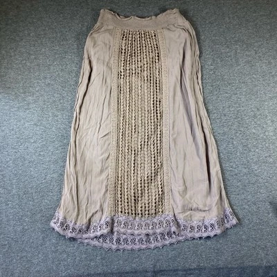 Chicos Boho Lace Panel Maxi Skirt Womens 2 Large Brown Elastic Waist Grunge - Image 1 of 4