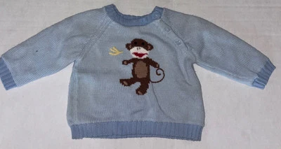Vintage Green Dog Baby Infant Boy’s Blue Sweater With Monkey Cotton 0-3 Months - Image 1 of 4