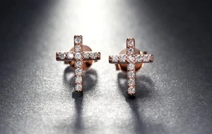 2Ct Round Cut Lab-Created Diamond 14k Yellow Gold Plated Cross Stud For X-Mas - Picture 1 of 2