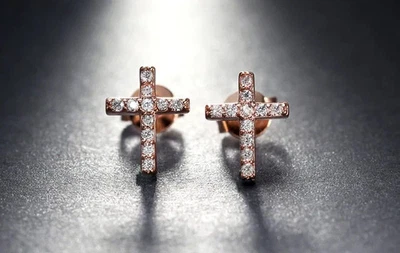 2Ct Round Cut Lab-Created Diamond 14k Yellow Gold Plated Cross Stud For X-Mas - Image 1 of 2