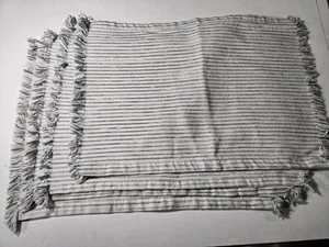 Placemats Set Of 4 White Silver Gray Striped Cotton Fringe 18x12" Rectangular - Picture 1 of 8