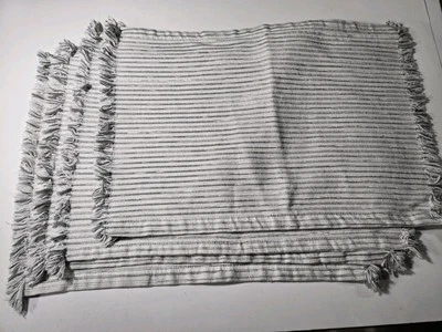 Placemats Set Of 4 White Silver Gray Striped Cotton Fringe 18x12" Rectangular - Image 1 of 4