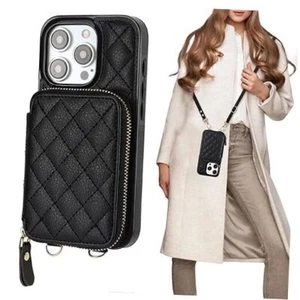 Crossbody Wallet Case for iPhone 15 Pro, RFID Blocking PU Leather Zipper Black - Picture 1 of 7