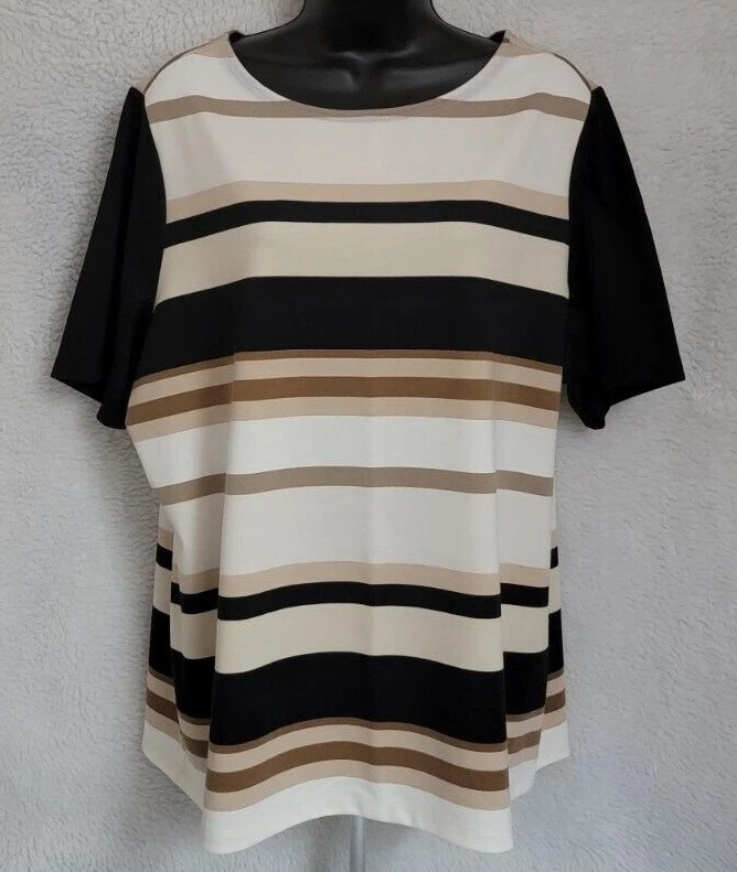 Camisa blusa Coldwater Creek para mujer talla 1X 18 negra marrón tostada crema a rayas Foto 1 de 4