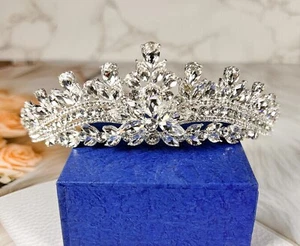 Silver Wedding Tiara, Bridal Crystal Headpiece, Royal Queen Crown Headband Gift - Picture 1 of 4
