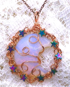 Beautiful Brilliant Copper Wire Wrapped OPAL ROCK HALF MOON Pendant w Stars #20 - Picture 1 of 2