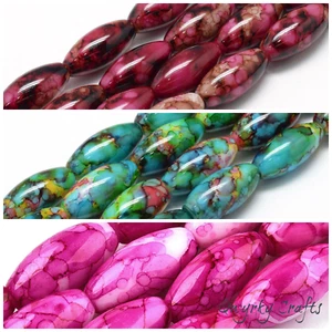 Oval Shape Glass Beads Watermarked Pattern 22mm x 10mm 35 Beads Per Strand - Picture 1 of 17