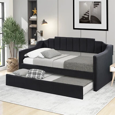Twin Size Daybed with Pull-Out Trundle Bed Upholstered Bed Frame Sofa Bed Black - Image 1 of 4