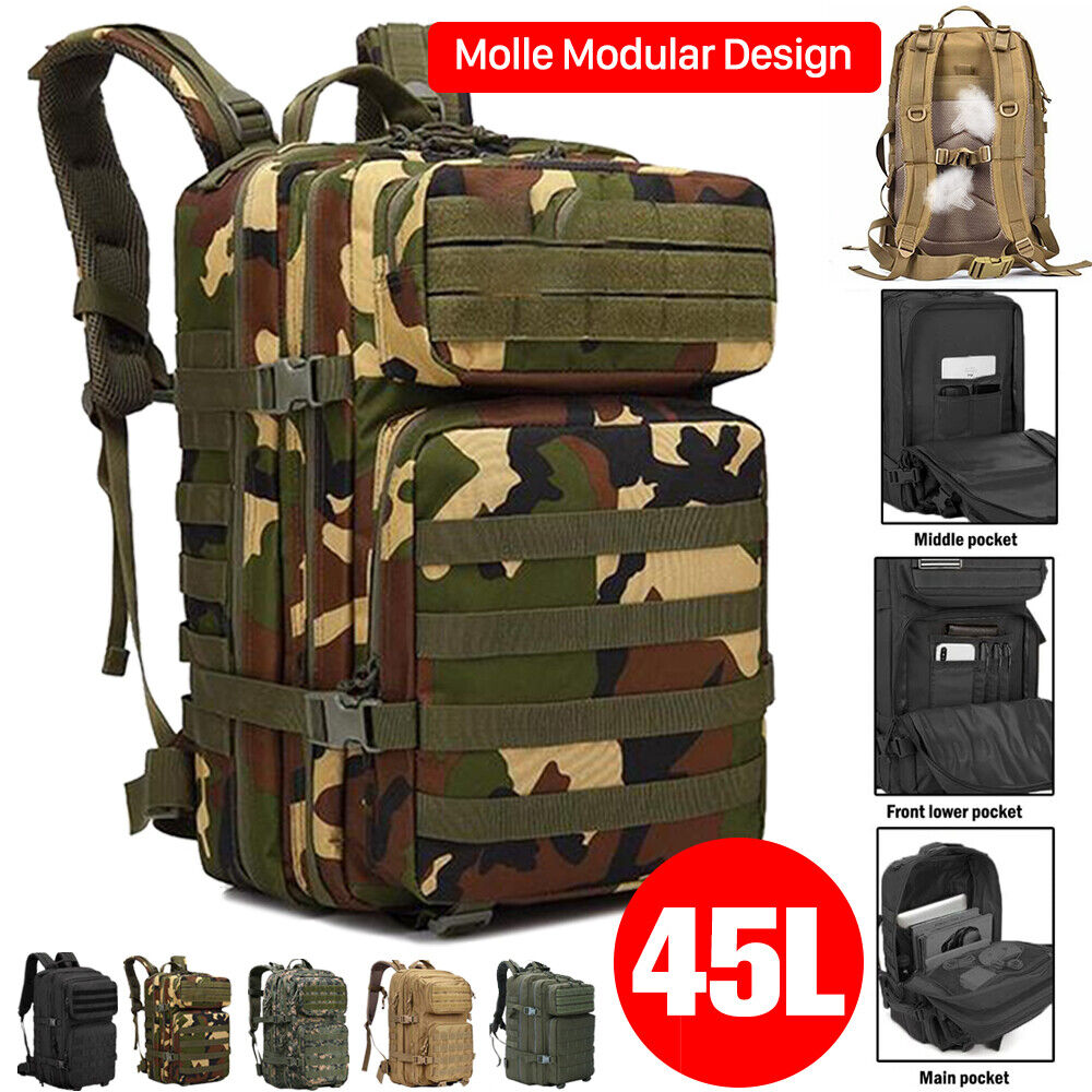 Large Military Tactical Backpack 45L Army Molle Bag Hiking Rucksack Assault Pack