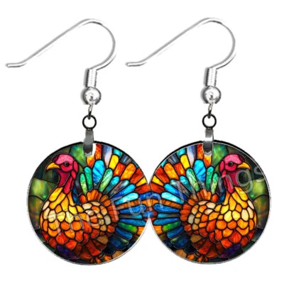 Faux Stained Glass Turkey Thanksgiving Earrings NO TARNISHING Wood Dangle - Image 1 of 4
