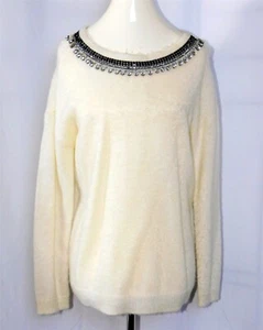 HINGE Ivory Crewneck Knit Art Deco Jewel Self Tie Neck Sweater Sz Small - Picture 1 of 9