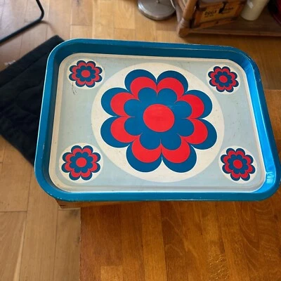 Vintage Large Rectangular Serving Tray – Blue & Red Flower Pot – RETRO! – - Image 1 of 4