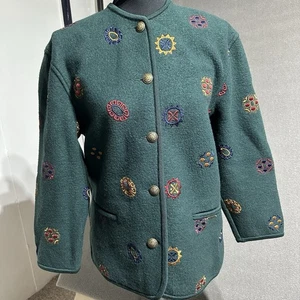 Vintage GEIGER Austria Wool Embroidered Cardigan Jacket 36 Green Excellent - Picture 1 of 15