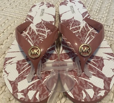 Michael Kors Goldtone MK Charm Pink Slides Womens 11 Floral Flip Flops NWT - Image 1 of 4