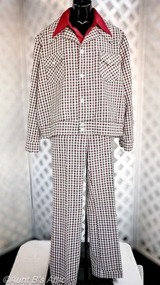 Groovy Vintage 70's Media 2 Pc Wht/Blk/ Red/ Yell Checkered Leisure Suit 52c/36w - Image 1 of 4