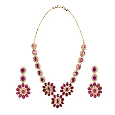 Handmade Natural Ruby CZ Women Chain Necklace Indian Wedding Brass Jewelry Set - Image 1 of 4