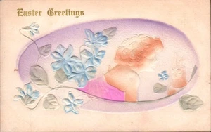 Postal vintage de saludos de Pascua en relieve Art Nouveau dama bonita - Imagen 1 de 2