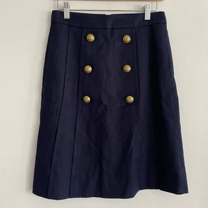 J Crew Navy Linen Blend Skirt Size 2 Preppy Gold Signature Buttons Pleated Lined - Picture 1 of 14