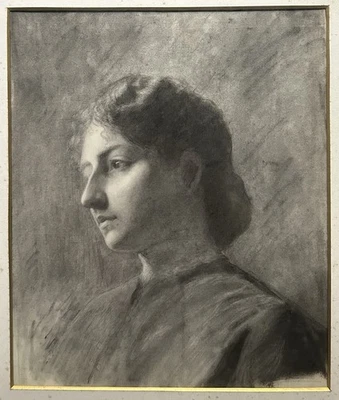 Dessin Ancien Impressionniste 19ème Portrait Jeune Femme de 3/4 Fusain Tableau - Photo 1/4