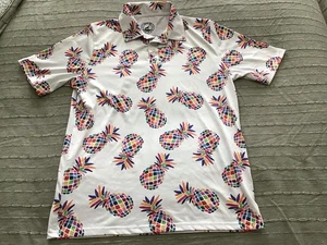 New Men’s PROUD 90 GOLF IS FUN Polo Shirt, WHITE w/ PINEAPPLES, MEDIUM - Picture 1 of 4