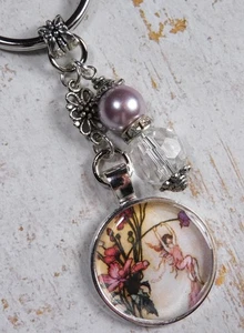 Fairy Flowers Beaded Keychain Purse Charm Clip Glass Pearl Rhinestone Purple New - Picture 1 of 5