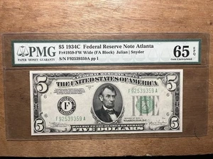 1934-C 5$ Light Green Federal Reserve note Wide FA Block PMG 65 Epq - Picture 1 of 4