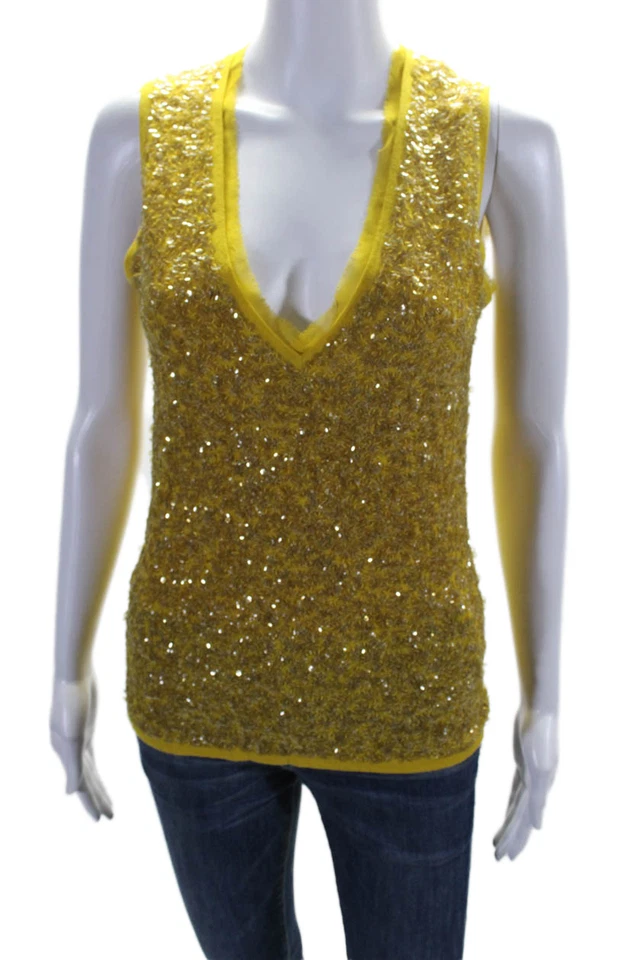 Blusa sin mangas J Crew para mujer cuello en V lentejuelas amarillo mostaza talla S Foto 1 de 4