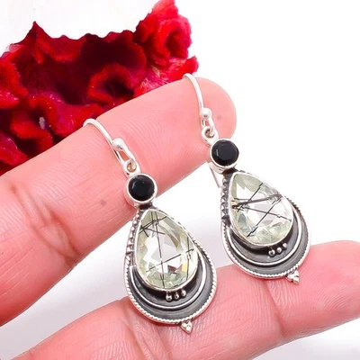 Black Rutilated Quartz Oxidised 925 Sterling Silver Earring 1.76" Sk6, Christmas - Image 1 of 4