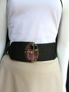 Women Waist Hip Black Side Ring Wide Elastic Fashion Belt Buckle Wide Band S M - Picture 1 of 12