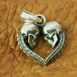 LINSION Pendants 925 Sterling Silver Double Skulls Heart Punk Jewelry TA168D JP - Picture 1 of 11