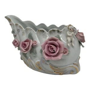 Vintage Royal Japan Applied Roses Porcelain Planter Cherub Figurehead - Picture 1 of 13