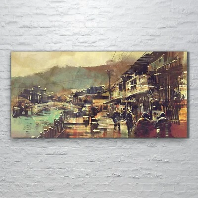 Glasbilder Wandbild Druck auf Glas 120x60 Dorfes mit Brücke und Altbau Malerei - Bild 1 von 4
