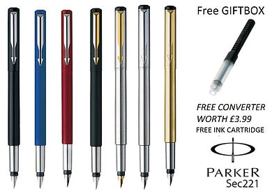 GENIUNE PARKER VECTOR FOUNTAIN PEN BLACK, BLUE, RED, SILVER, GOLD, FREE GIFT BOX - Image 1 of 3