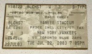 2003 Yankees vs Blue Jays Ticket Stub Jeter Hit Cruz HR Pettitte Win 7/22/03 - Picture 1 of 2
