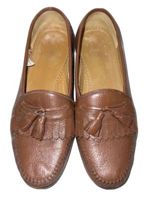 Maus & Hoffman 10.5 M 棕色柔软荔枝纹皮革脚趾流苏 Kiltie 乐福鞋 — 第 1/4 张图片