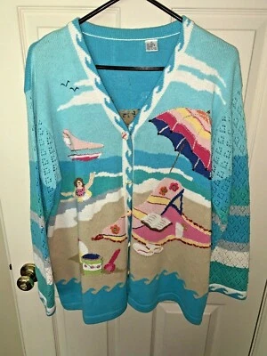 QUACKER FACTORY Cardigan Beach Umbrella Fun Sun Sand Sweater Women’s 1X ❤️tw11j4 - Image 1 of 4