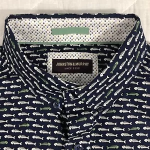 Johnston & Murphy Shirt Men's Size Large Blue Green Fish Bone Short Sleeve - Picture 1 of 14