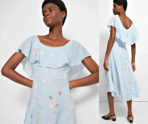 THEORY Scoop Ruffle 100% Airy Silk Hi-Low Hem Dress in Blue Multi sz 4 $395 - Picture 1 of 18